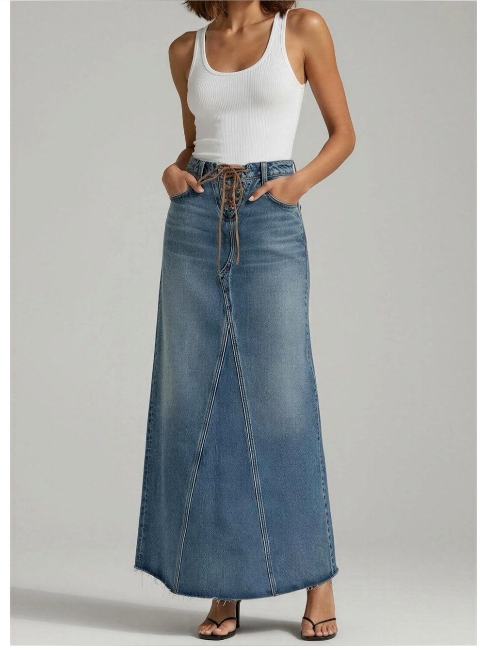 GRLFRND Indira Laced-Up Denim Maxi Skirt, Nashville, 26”